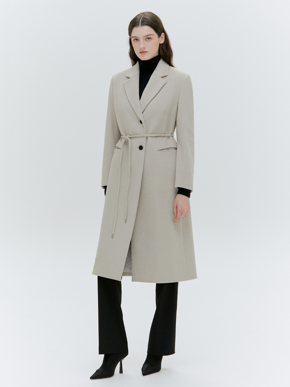 HACIE - TAILORED LONG STRAP BELTED COAT [IVORY][BLACK]