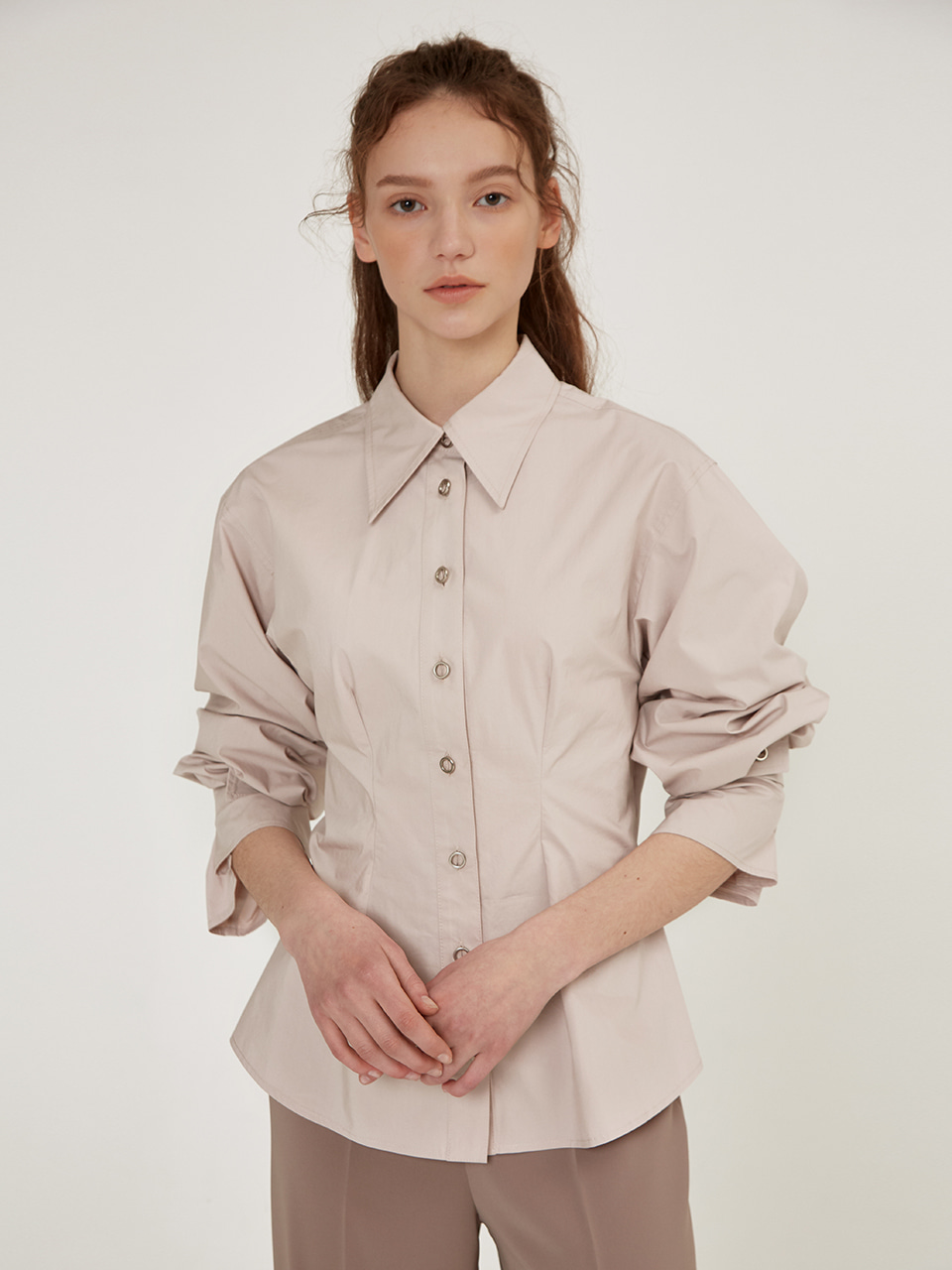 HACIE - RING BUTTON POINTED COLLAR SHIRTS [Ivory] [Taupe Beige]