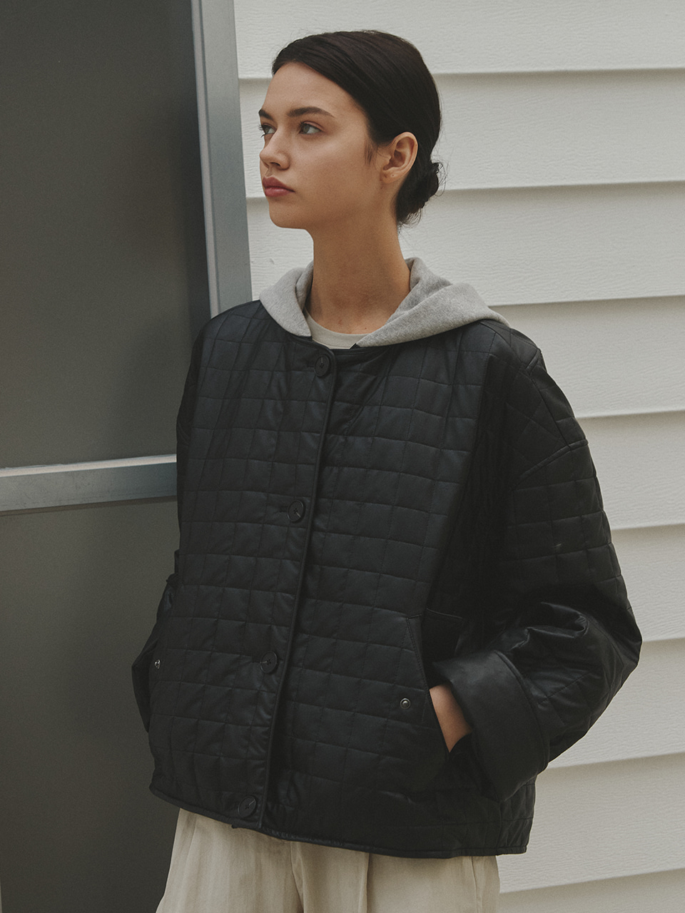 HACIE - OVERSIZE QUILTED LEATHER JACKET [블랙]